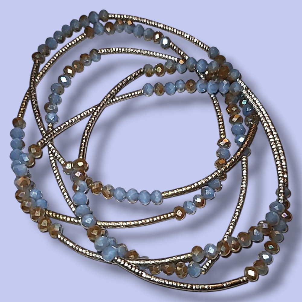 5 Blue Bronze‎ Small Crystal Bead Stretch Bracelet Stack